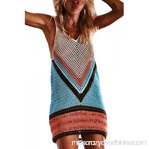 Yacun Womens Knit Crochet Bikini Cover Up Hollow Sweater Tank Mini Dress Blue B07L8FCZ6X